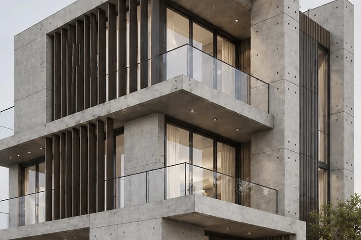 Façade detail — vertical timber screens against a concrete frame