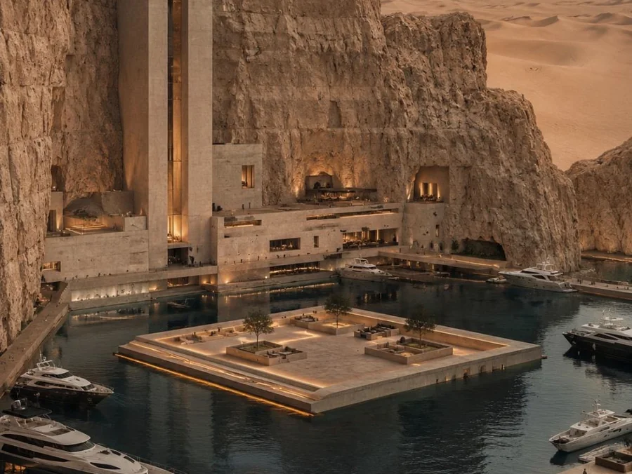 The hotel set against the cliff above the harbour