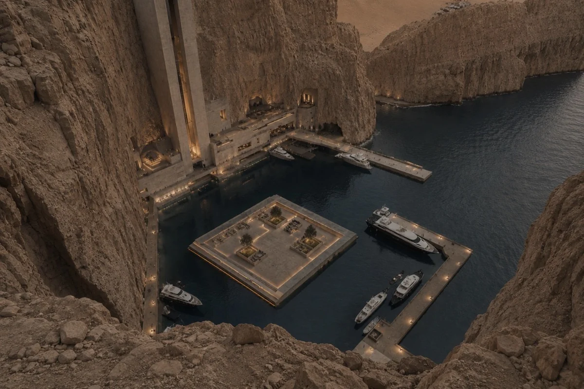 The hotel and its private harbour seen from the top of the canyon