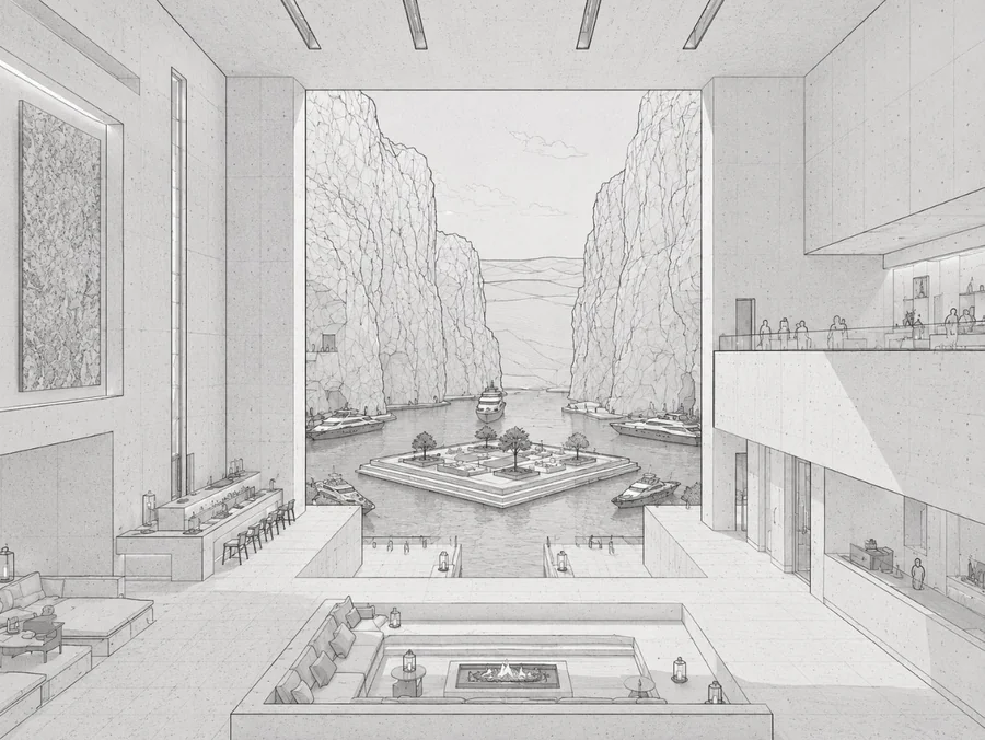 Line study of the lobby interior