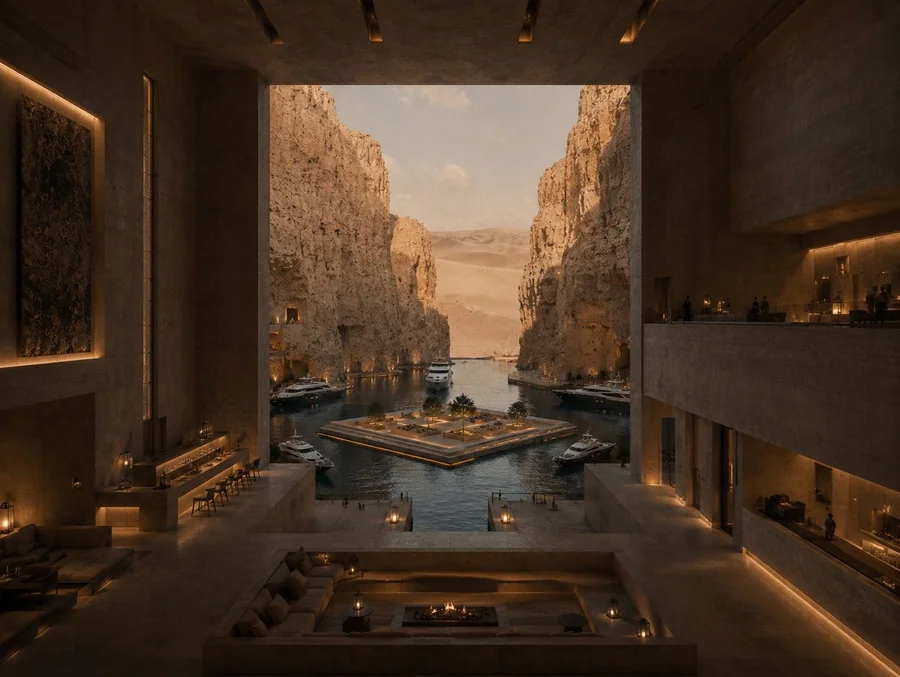 Lobby lounge framing the canyon and the moored yachts