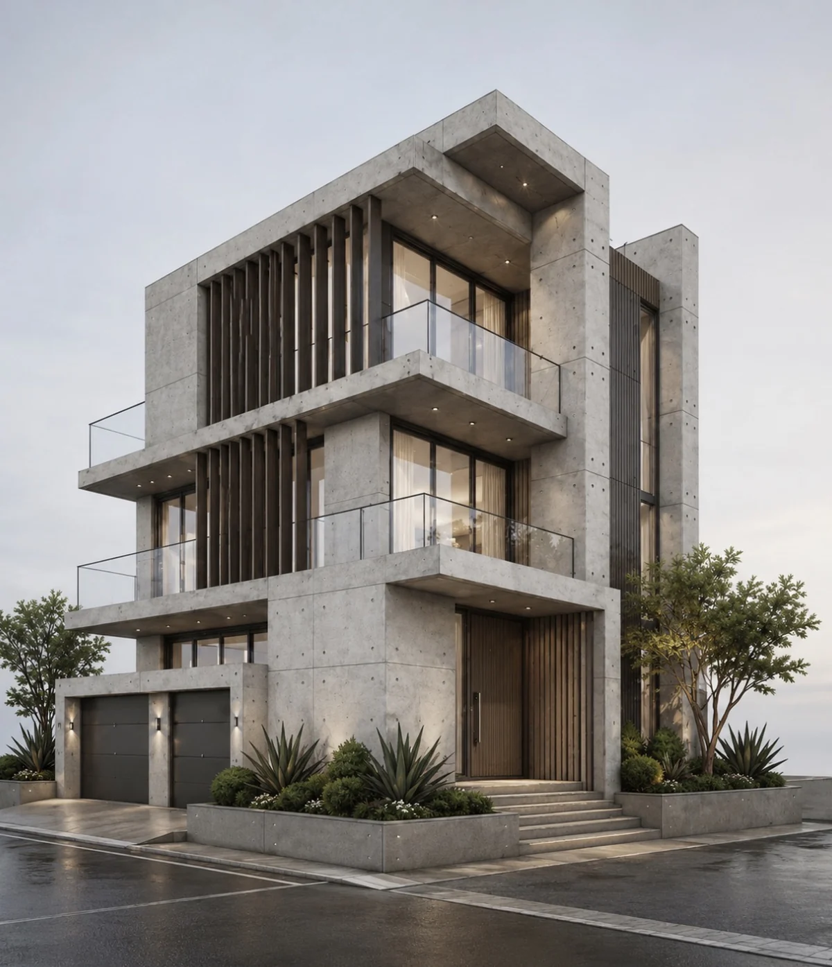 Concrete villa at dusk with timber screens and deep cantilevers