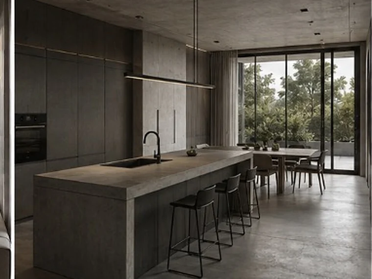 Kitchen and dining with a monolithic island