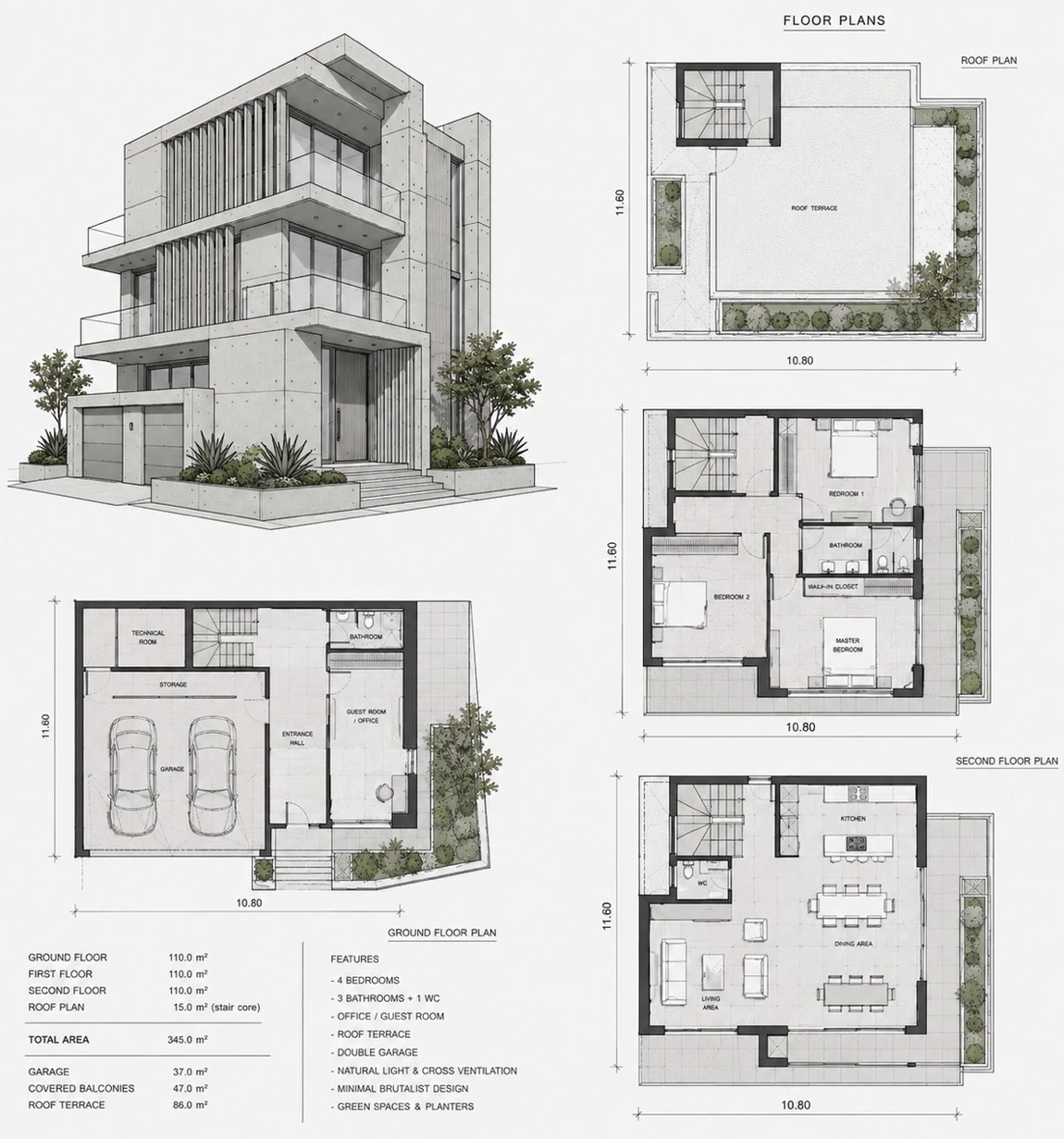 Floor plans — ground, first, second and roof