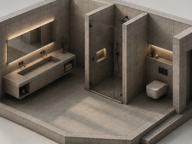 Bathroom with a trough basin and walk-in shower