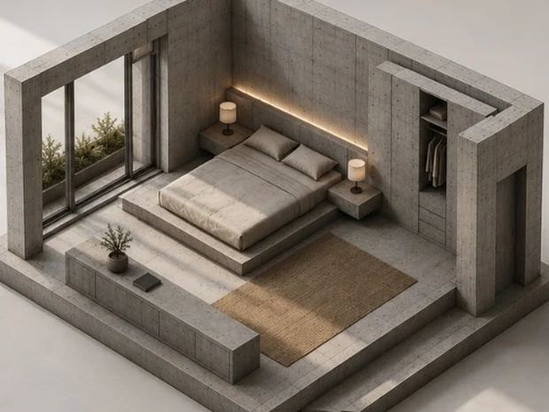 Bedroom with a planted terrace beyond