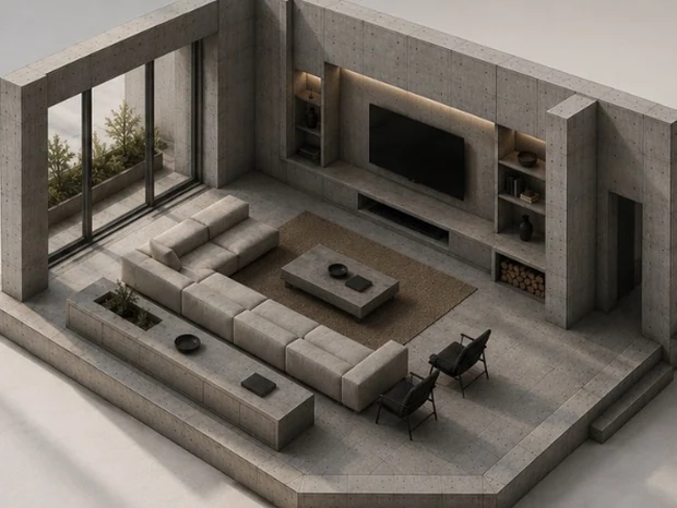 Suite lounge in board-marked concrete