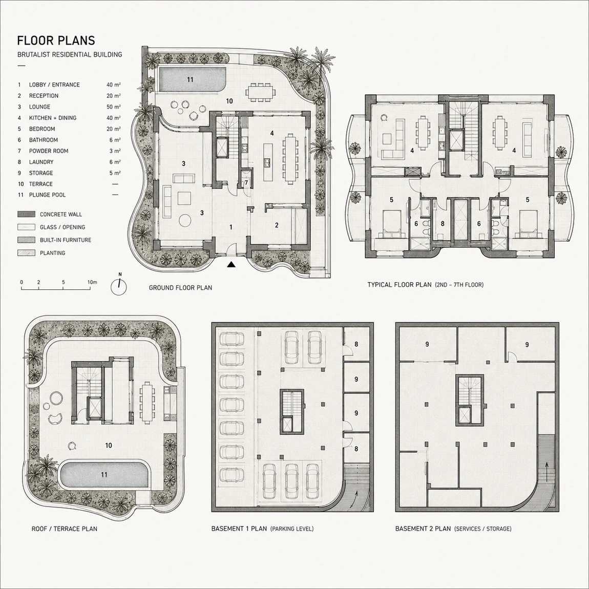 Floor plans — ground, typical, roof terrace and two basements