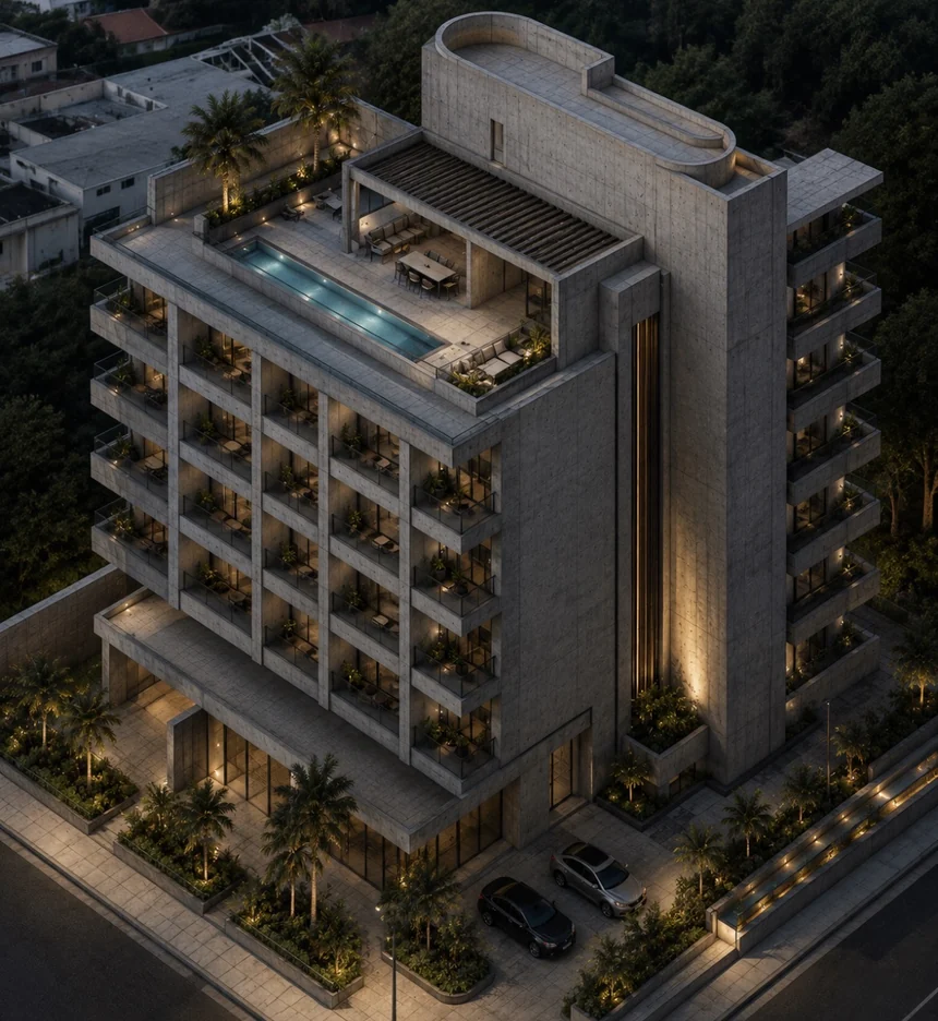 The building at dusk, balconies planted on every floor