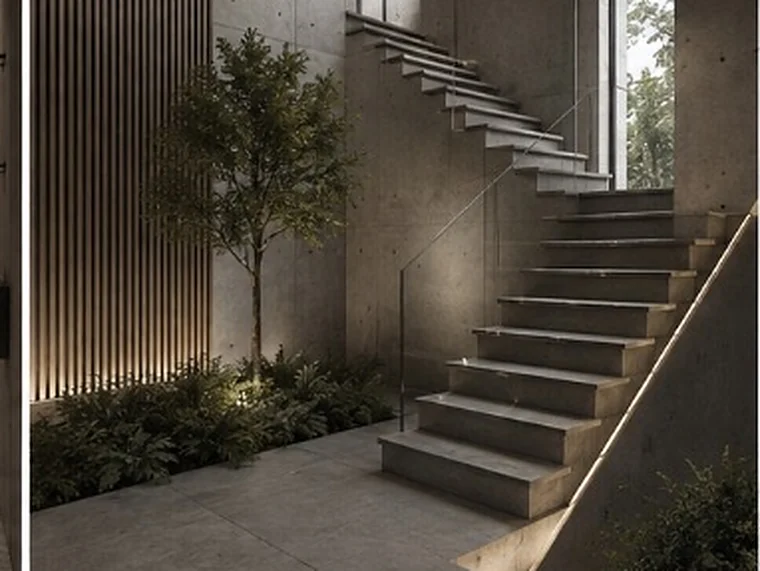 Cantilevered concrete stair beside planting