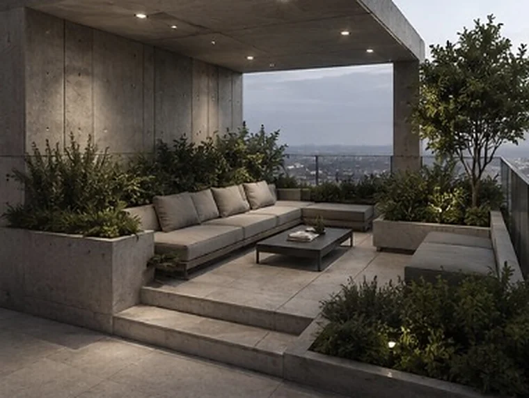 Roof terrace with planting and a long view